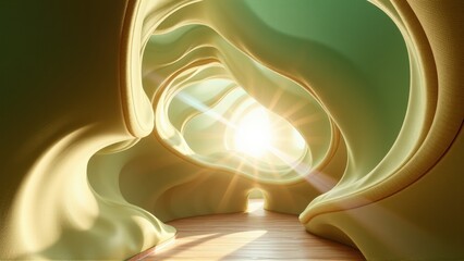 Fototapeta premium Abstract interior, flowing shapes, warm light source. Organic curves define space, creating tunnel effect. Soft shadows, golden hues dominate scene.