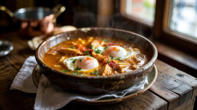 Spanish cuisine. 
Bread soup. Castilian garlic soup (Sopa Castellana) is a thick, warming dish. This soup perfectly combines rich broth, fragrant garlic, paprika and soft bread.