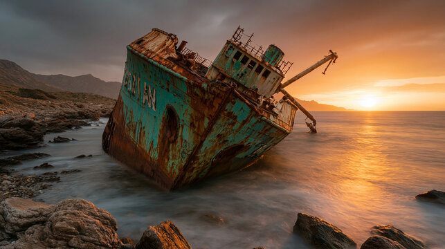 Shipwrecked Serenity: A rusted, derelict ship lies stranded on a rocky shore, its decaying hulk bathed in the warm, ethereal glow of a setting sun.