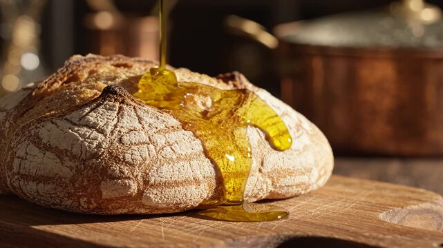 Olive oil being poured over rustic sourdough bread on wooden board, slow motion close-up