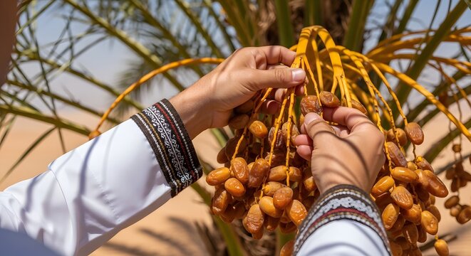 Hands harvesting ripe dates from a date palm tree in a sunny desert oasis.