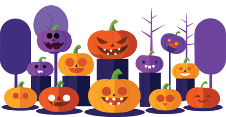 Fototapeta premium Group of colorful jack o lantern pumpkins with funny faces for a happy halloween celebration