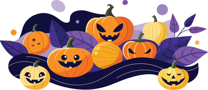 Group of cute and scary carved halloween pumpkins with funny faces and dark purple leaves