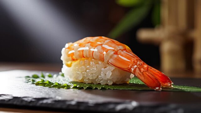 Close-up of Fresh Ebi Nigiri Sushi on Black Slate with Green Leaf Garnish, Steam Rising