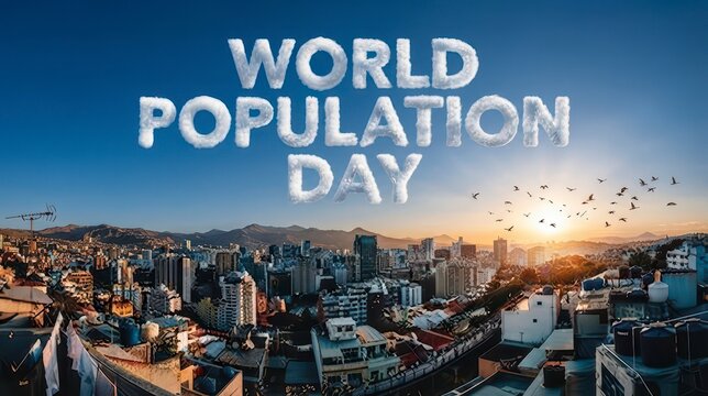 World Population Day banner over crowded cityscape