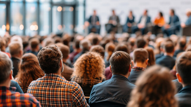 Audience at a Conference: A packed auditorium filled with attendees faces a panel of speakers at a professional conference, highlighting engagement and knowledge sharing.