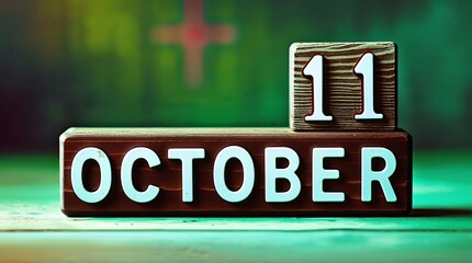 Obraz premium Wooden block displaying the date 11 october with stacked coins
