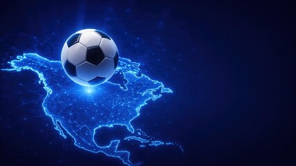 Naklejka premium Soccer Ball over North America Digital Map for Global Sports Concept Photo