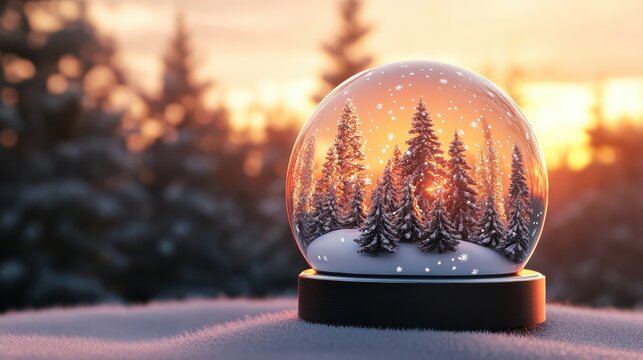 A detailed snow globe displays a magical winter forest scene bathed in warm sunset light, perfect for holiday cheer.
