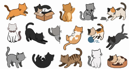 Fototapeta premium Playful Cartoon Cat Character Vector Illustration Set with Cute Pet Designs