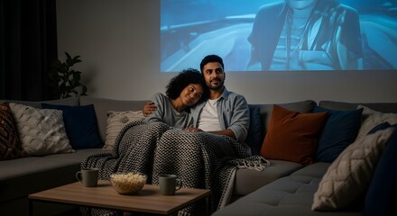Fototapeta premium Happy diverse couple watching movie on projector at home.