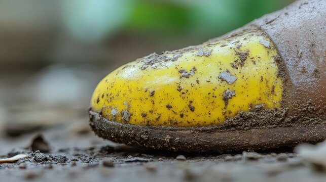 Close-up of a dirty yellow shoe covered in mud and soil on the ground
