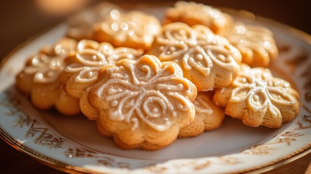 Close-up of intricately iced Christmas cookies on a decorative plate, showcasing delicate patterns and warm lighting
