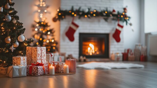 Cozy Christmas fireplace with glowing embers, festive stockings, and gift-wrapped presents, evoking holiday warmth and celebration.
