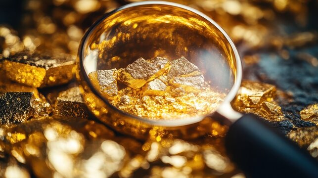 Detailed Close-up Analysis of Raw Gold Nuggets Under Magnifying Glass, Showcasing Precious Metal Investment Potential