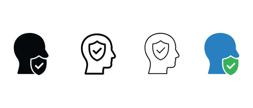 Security and protection icons with heads and shields  symbolizing safety and privacy