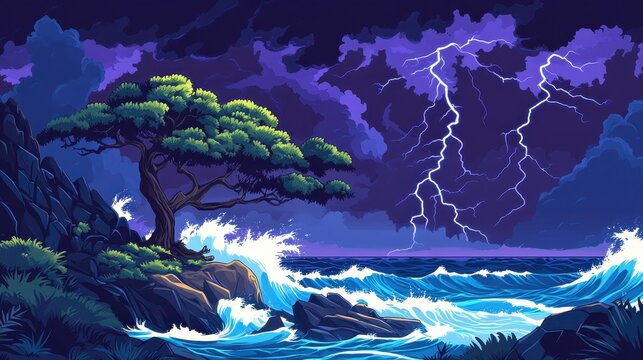 Dramatic Coastal Storm with Powerful Lightning Striking Over Turbulent Ocean Waves Crashing Against Rocks