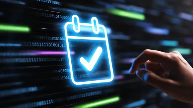 Hand touching blue neon calendar icon with checkmark on digital binary background