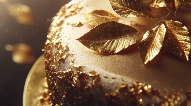 Exquisite gold leaf adorns a meticulously decorated luxury cake, showcasing edible opulence for grand celebrations