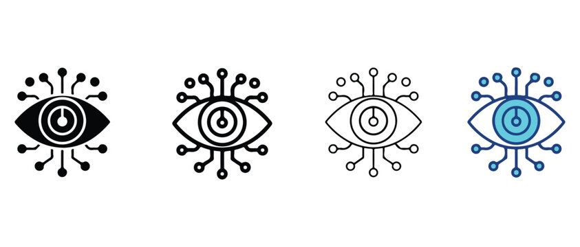 Set of four eye icons in different colors and line styles with circuit board elements and various design patterns  eye with microchip and wires