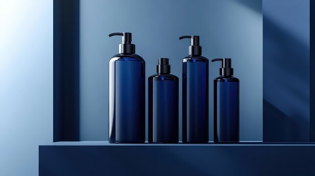 Group of elegant dark blue cosmetic dispenser bottles with black pumps arranged on a sleek surface