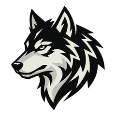 Fototapeta premium Illustration of a wolfs head in black and white colors side view icon