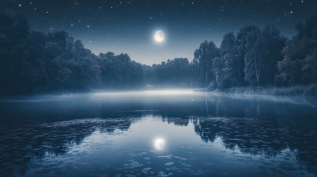 Serene Moonlit Night Sky Over a Misty River with Star Reflections
