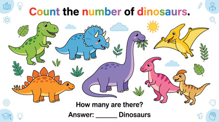 Count the Number of Dinosaurs Educational Worksheet for Kids with Cute Cartoon Dinosaur Characters and Math Learning Activity © suka
