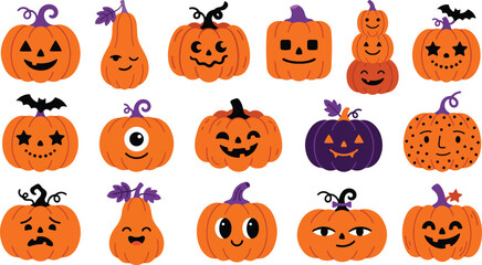 Fototapeta premium Festive halloween pumpkins collection jack o' lanterns smiling faces and spooky designs for autumn celebrations