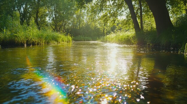 Sunlight reflecting and shimmering on a clear rural river with lush green forest banks and a rainbow lens flare effect.