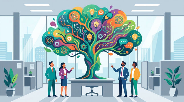 Modern editorial illustration of vibrant abstract tree representing neurodivergent brain strengths