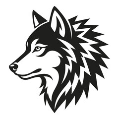 Stylized black and white husky dog head profile view with spiky fur and one eye icon © designer_hubs