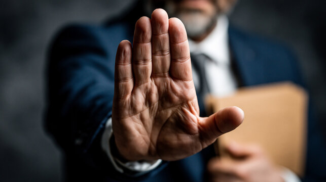 Gesture of Refusal: A stern businessman, his face partially obscured, holds up an open palm in a definitive gesture of stopping, his other hand clutching a document.
