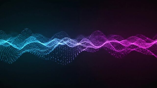 Abstract digital audio wave animation with flowing particles in neon colors