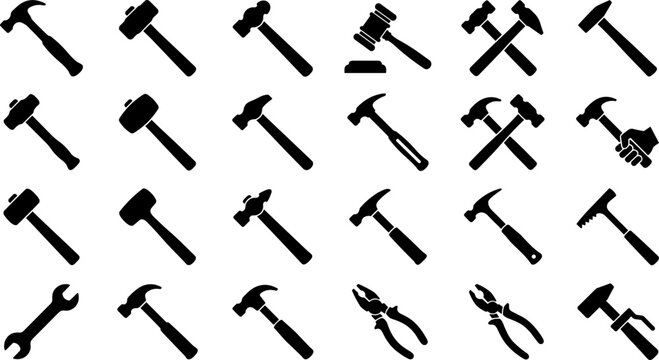 Construction Hammer and Hand Tools Silhouette Icon Set with Claw Sledge Mallet Gavel Pliers and Wrench Symbols for Carpentry Workshop Hardware Repair Vector Designs
