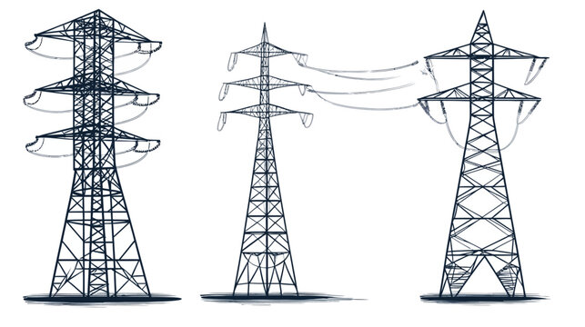 Artistic vector illustration of several power line towers with power cables, on a white background