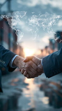 Global Partnership Handshake: Two businessmen seal a deal with a handshake against a backdrop of a glowing world map and a city street at sunset.