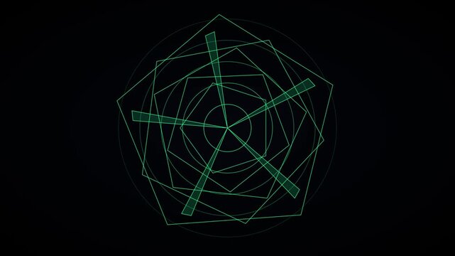 Green geometric abstract hud interface animation: rotating pentagonal data visualization and digital network overlay 4k