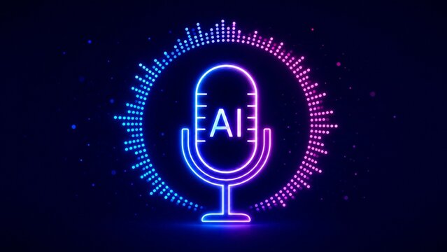Futuristic AI microphone with glowing audio waveform on dark background