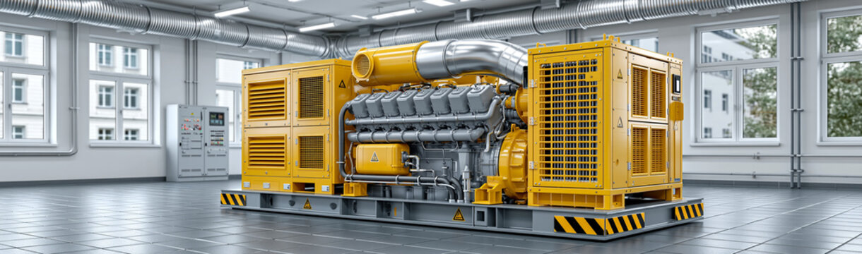 Industrial Generator Powerhouse: A robust yellow industrial generator with a powerful engine, situated in a clean, well-lit facility, symbolizing industrial might and reliable energy supply.