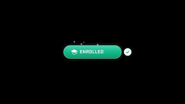 Cursor clicking a red enroll now pill button swapping to emerald enrolled state with graduation cap glyph and checkmark on black 4K luma key