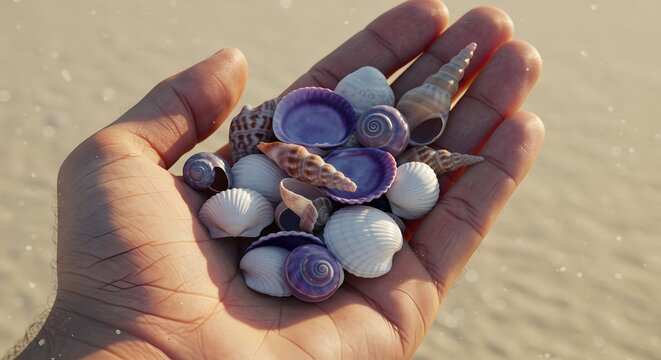 Hand Holding Assorted Seashells on Beach with Sand Background