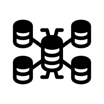 A black graphic illustration of a bug-like robot connecting multiple database servers.