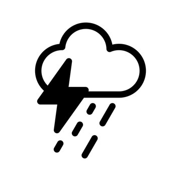 A stormy weather scene with lightning and rain in the clouds outside.