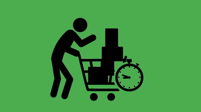 Panic buying icon featuring person holding shopping cart filled with boxes and stopwatch. Visual representation of excessive purchasing and urgent shopping behavior.