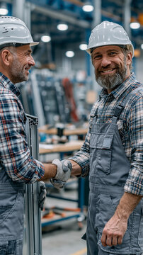 Factory handshake: Two male workers wearing hard hats shake hands in a factory, signifying collaboration and a job well done.