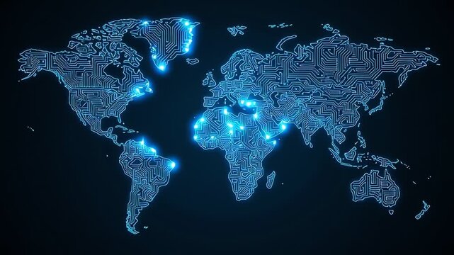 Glowing digital world map with pulsing data connection nodes
