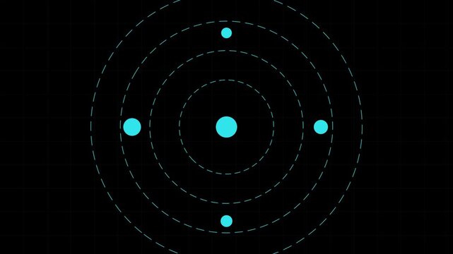 Minimalist digital orbit animation: glowing cyan dots rotating on concentric circular grid lines 4k rotation