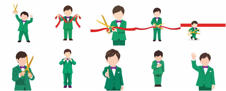 Vector Illustration Set of a Character in a Green Suit Celebrating a Grand Opening and Ribbon Cutting Ceremony