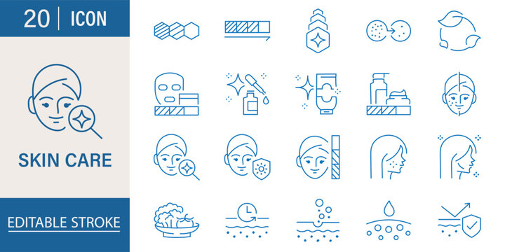 Skin care line icon set. Retinol, beauty collagen, niacinamide, nourishing cream, face anti wrinkle minimal vector illustrations. Simple outline skincare signs. vector illustration